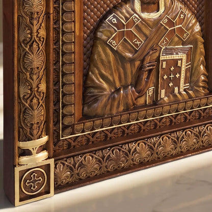 Saint Nicholas Wooden Carved Handmade Christian Icon Patron Saint of Sailors Left Side Golden Dark Cretan Holy Carvings_1