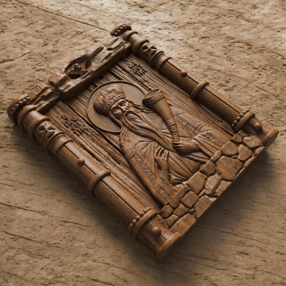 Prophet Samuel Wooden Carved Handmade Christian Icon Flat Side Brown Oak Cretan Holy Carvings