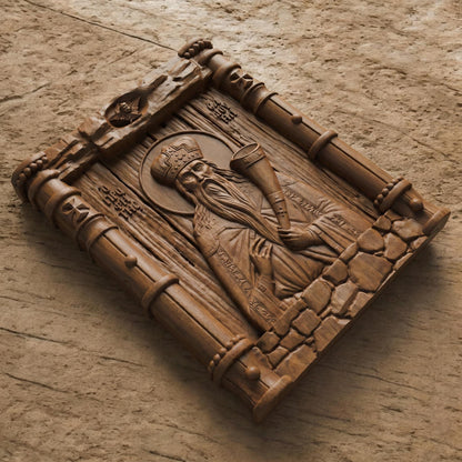 Prophet Samuel Wooden Carved Handmade Christian Icon Flat Side Brown Oak Cretan Holy Carvings