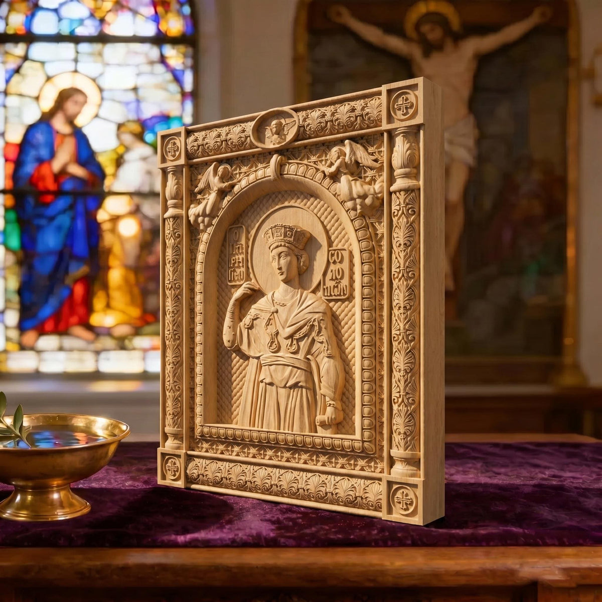 Prophet Solomon Wooden Carved Handmade Christian Icon Left Side Natural Wood Color Cretan Holy Carvings