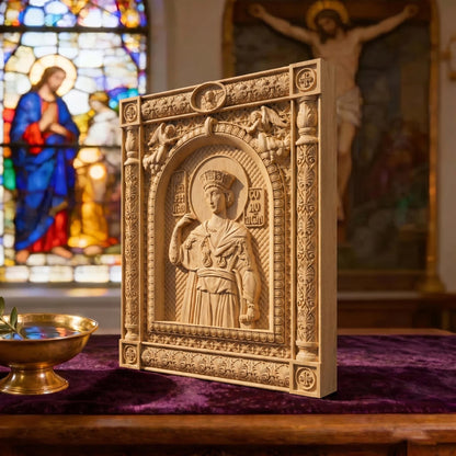 Prophet Solomon Wooden Carved Handmade Christian Icon Left Side Natural Wood Color Cretan Holy Carvings