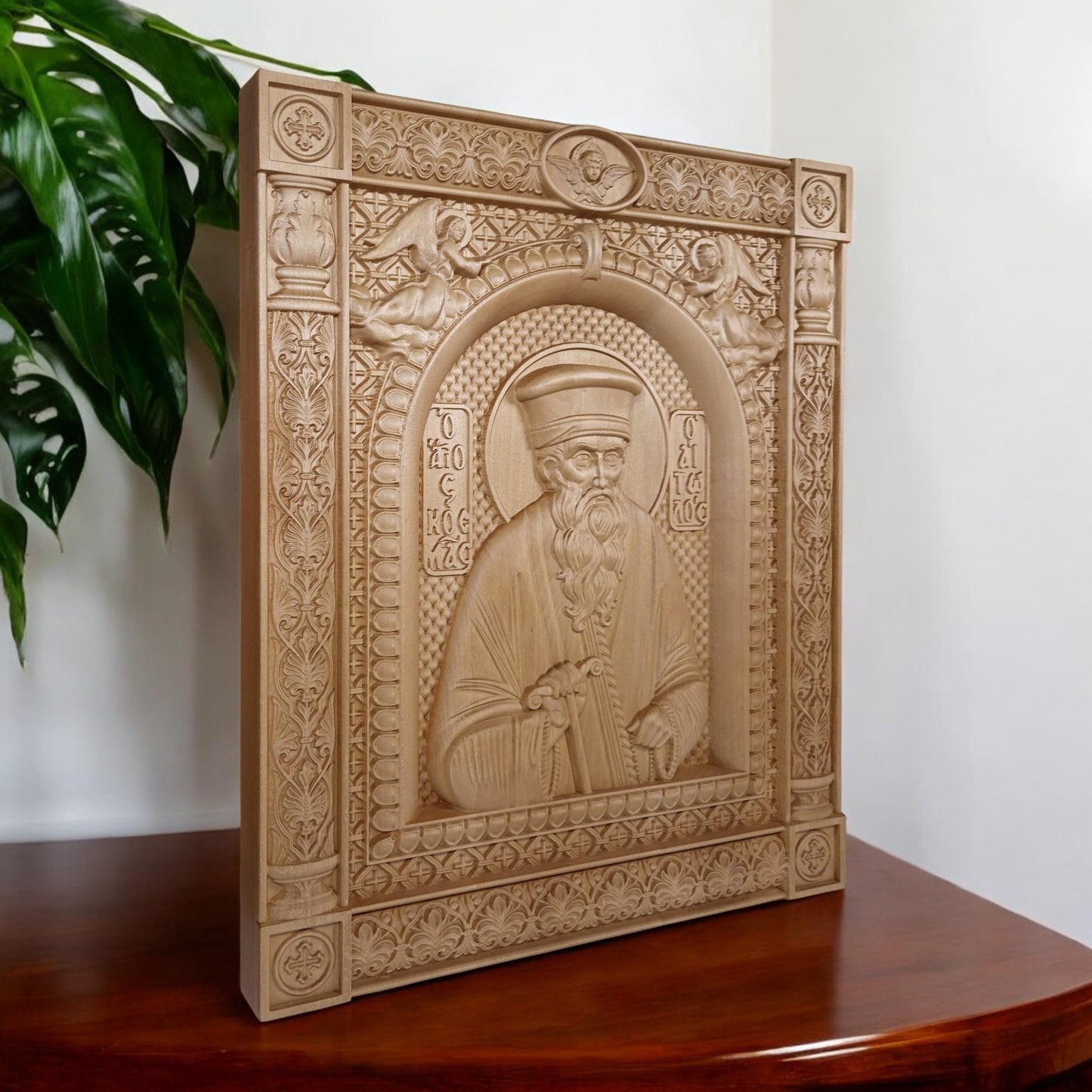 Saint Kosmas the Aetolian Wooden Carved Handmade Christian Icon. Byzantine Greek Orthodox Home Art Decor.