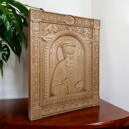 Saint Kosmas the Aetolian Wooden Carved Handmade Christian Icon. Byzantine Greek Orthodox Home Art Decor.