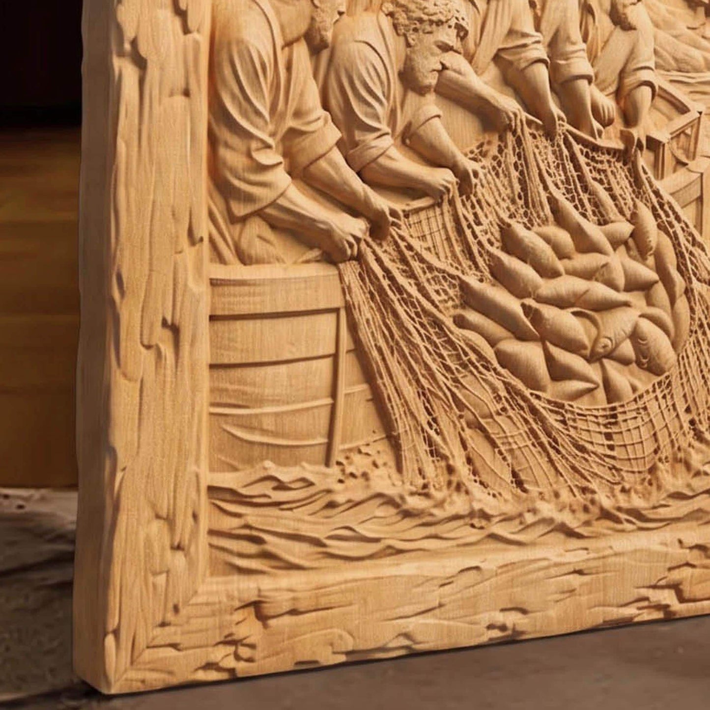 Jesus and the Miraculous Catch of Fish Wooden Carved Handmade Christian Icon  Byzantine Greek Orthodox Home Decor Cretan Holy Carvings