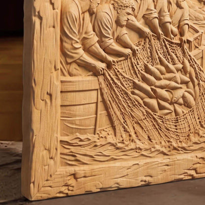 Jesus and the Miraculous Catch of Fish Wooden Carved Handmade Christian Icon  Byzantine Greek Orthodox Home Decor Cretan Holy Carvings