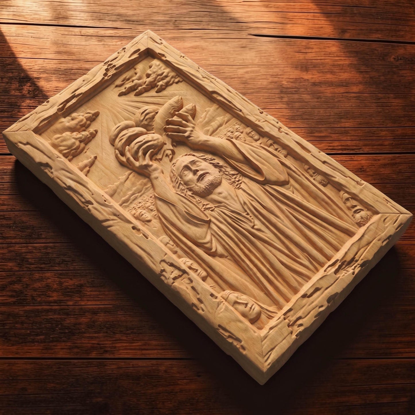Jesus Christ Feeds the 5000 Wooden Carved Handmade Christian Icon  Byzantine Greek Orthodox Home Decor Cretan Holy Carvings