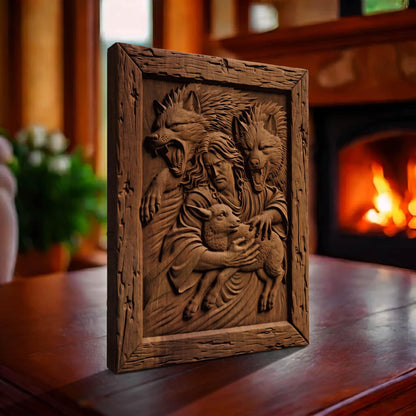 Jesus Christ Saves from the Wolves Wooden Carved Handmade Christian Icon  Byzantine Greek Orthodox Home Art Decor Cretan Holy Carvings
