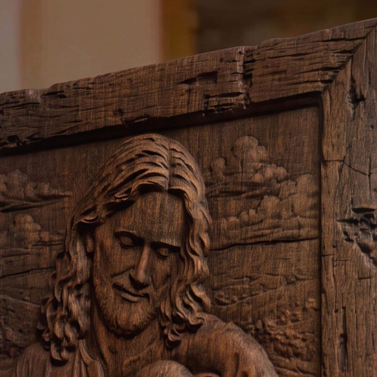 Jesus Holding Lamb Wooden Carved Handmade Christian Icon  Byzantine Greek Orthodox Home Decor Cretan Holy Carvings