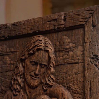 Jesus Holding Lamb Wooden Carved Handmade Christian Icon  Byzantine Greek Orthodox Home Decor Cretan Holy Carvings
