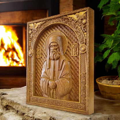 Saint Paisios of Mount Athos Wooden Carved Handmade Christian Icon. Byzantine Greek Home Decor.