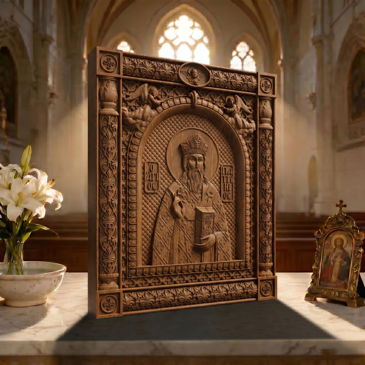 Saint Patrick Patron Saint of Ireland Wooden Carved Handmade Christian Icon | Byzantine Greek Orthodox Home Art Decor