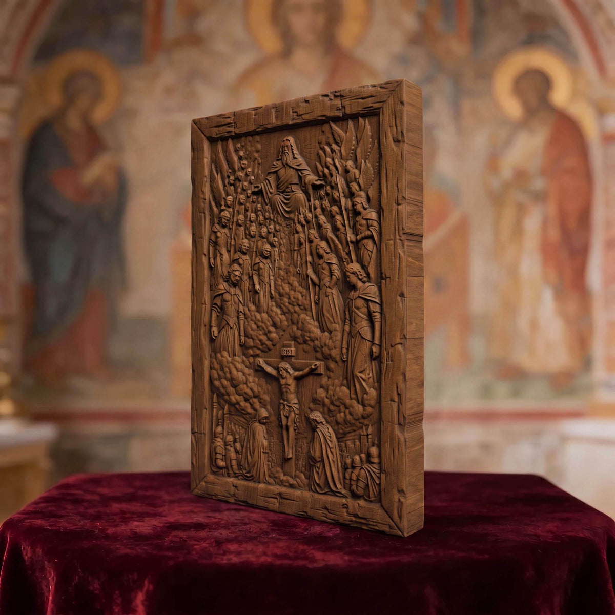 The Crucifixion Wooden Carved Handmade Christian Icon  Byzantine Greek Orthodox Home Decor Cretan Holy Carvings