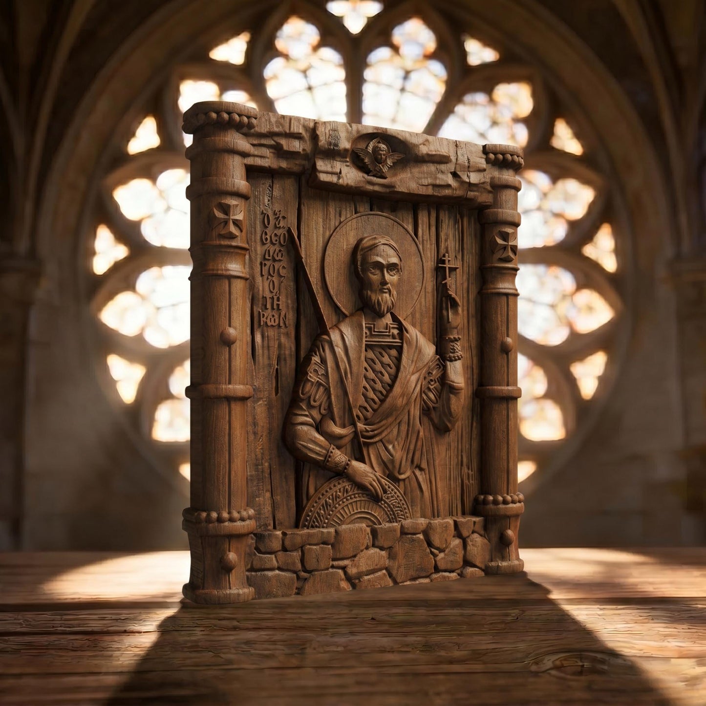 Saint Theodore Tyron Wooden Carved Handmade Christian Icon Left Side Brown Oak Cretan Holy Carvings