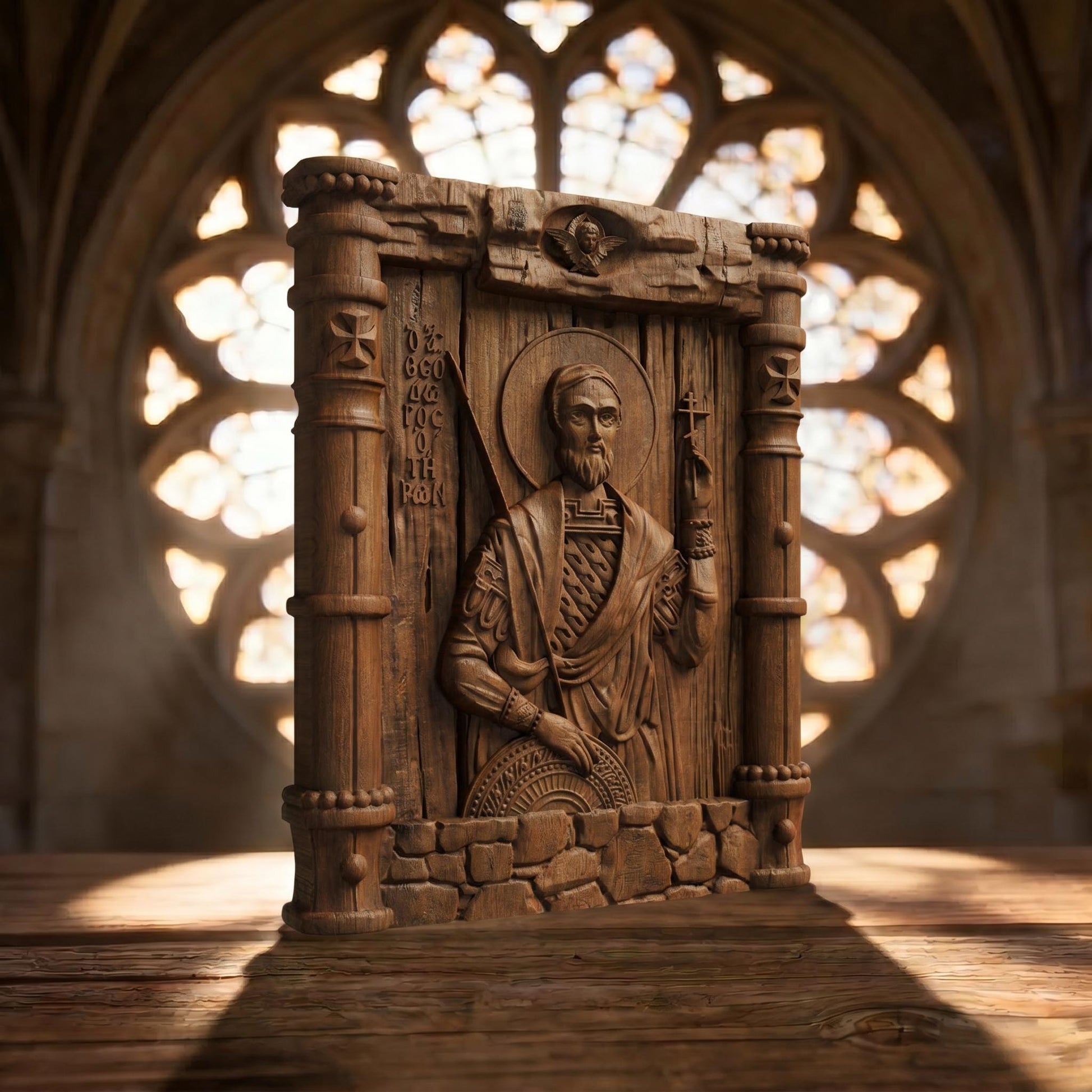 Saint Theodore Tyron Wooden Carved Handmade Christian Icon Left Side Brown Oak Cretan Holy Carvings