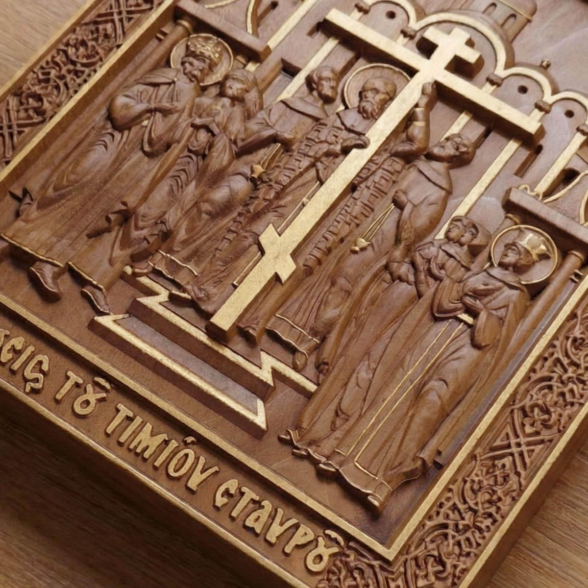 The Elevation of the Holy Cross Wooden Carved Handmade Christian Icon. Byzantine Greek Decor.