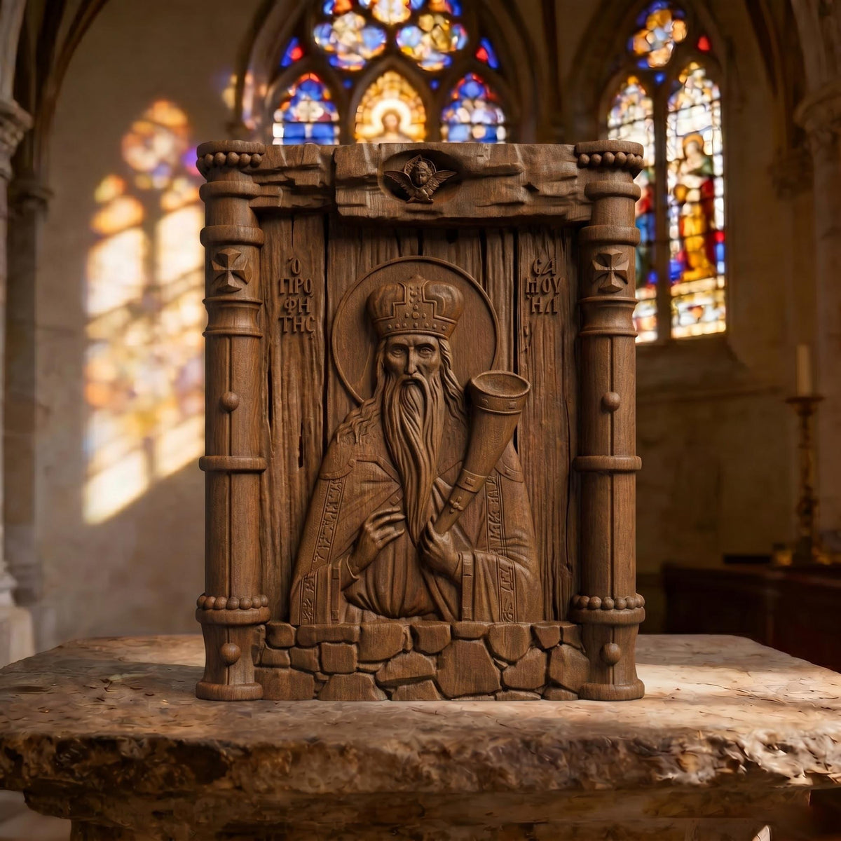 Prophet Samuel Wooden Carved Handmade Christian Icon Front Side Brown Oak Cretan Holy Carvings