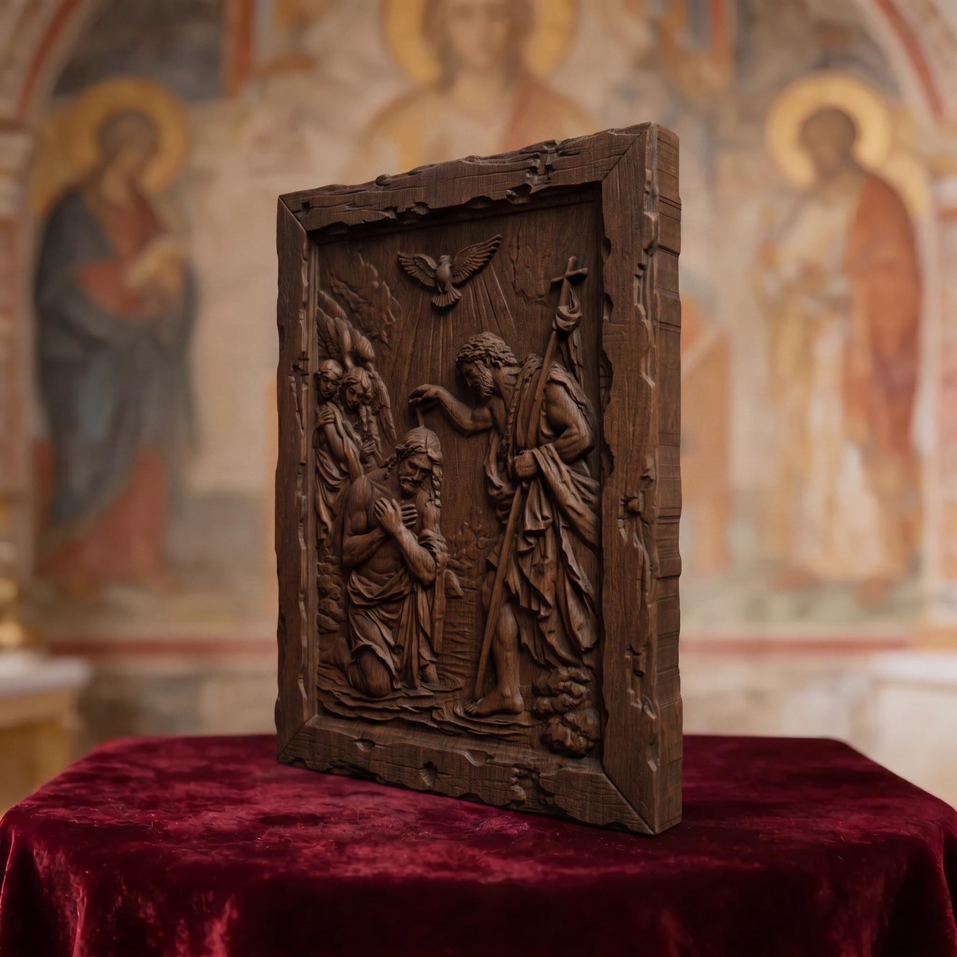 Saint John and the Baptism of Jesus Christ Wooden Carved Handmade Christian Icon  Byzantine Greek Orthodox Home Decor Cretan Holy Carvings