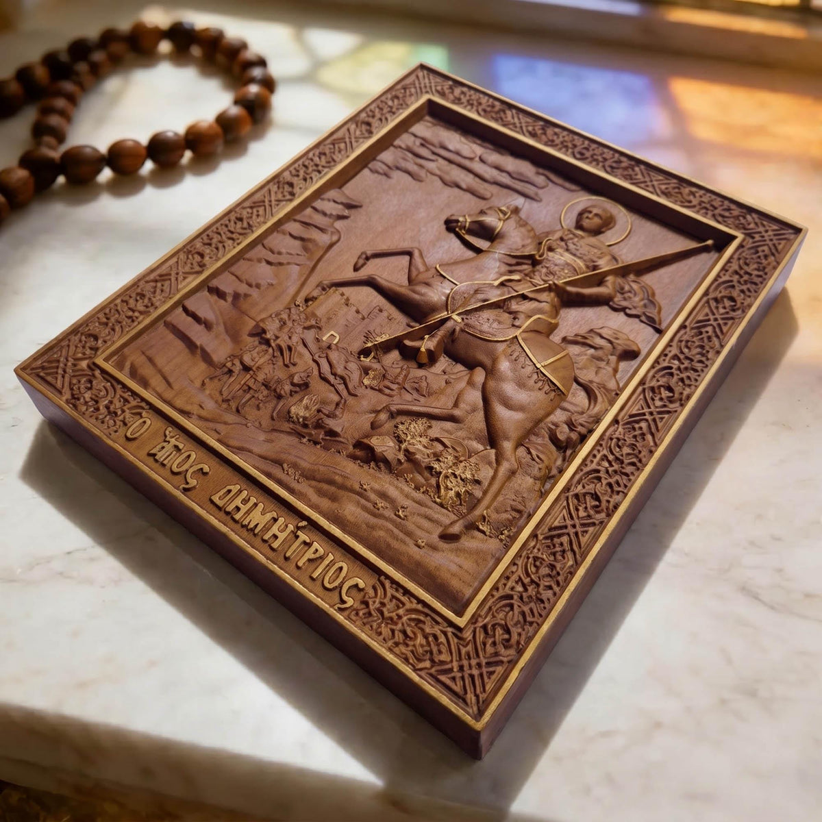 Saint Demetrius of Thessaloniki Wooden Carved Handmade Christian Icon Flat Side Golden Brown Cretan Holy Carvings