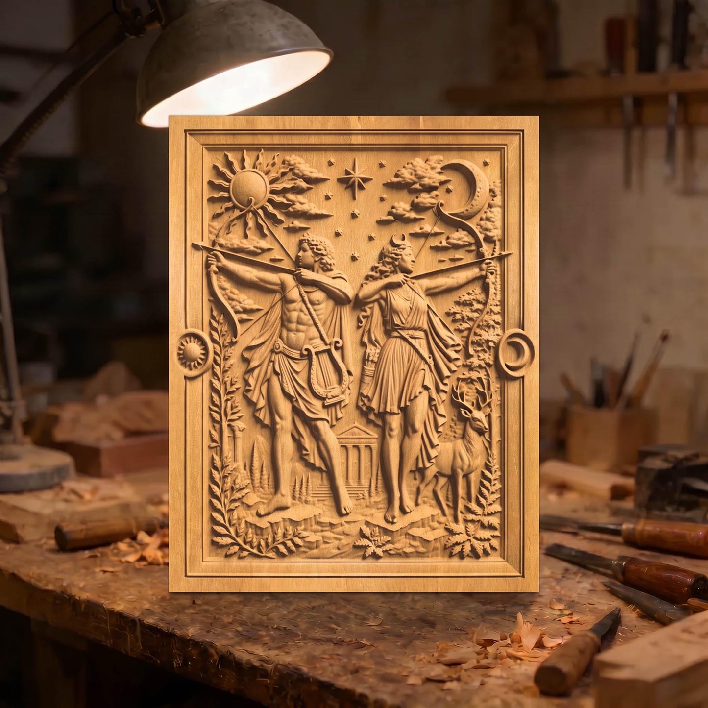 Apollo and Artemis Gods of Olympus 3D Wooden Bas Relief Panel Art Sculptural Gift Idea Cretan Holy Carvings