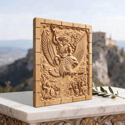 Zeus Riding His Eagle 3D Wooden Bas Relief Panel Art Sculptural Gift Idea Cretan Holy Carvings