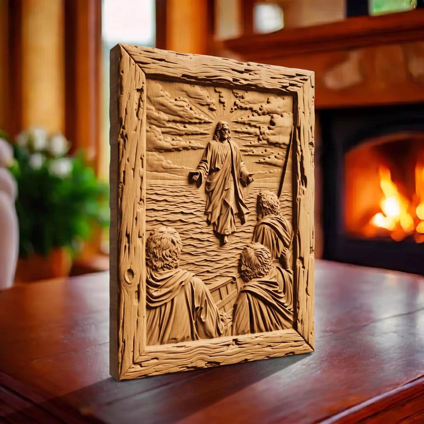 Jesus Christ Walks on the Sea Wooden Carved Handmade Christian Icon  Byzantine Greek Orthodox Home Art Decor Cretan Holy Carvings