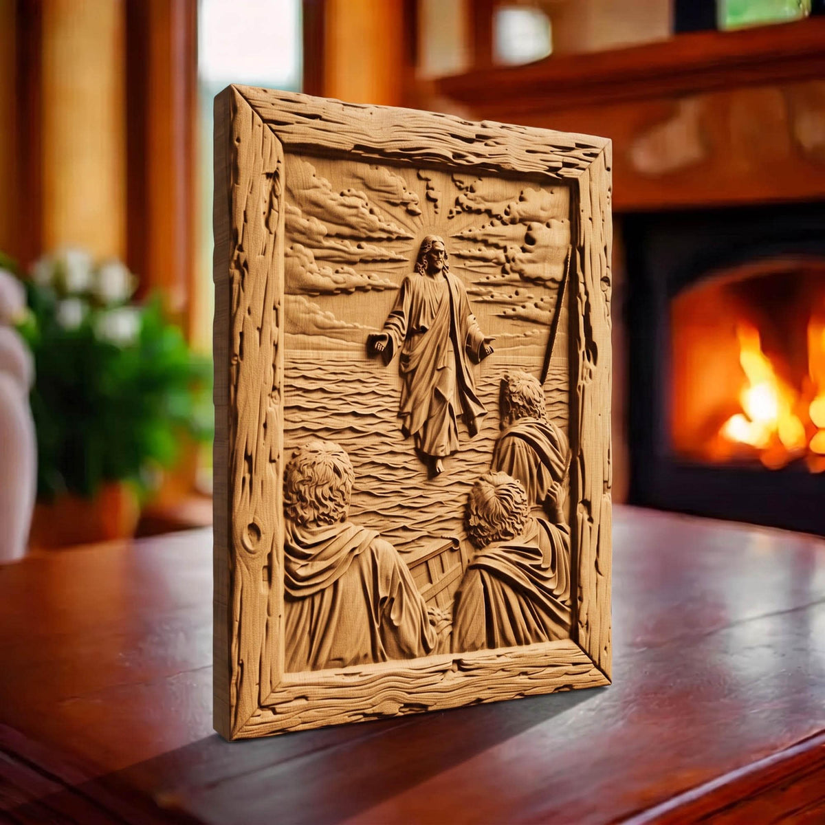 Jesus Christ Walks on the Sea Wooden Carved Handmade Christian Icon  Byzantine Greek Orthodox Home Art Decor Cretan Holy Carvings