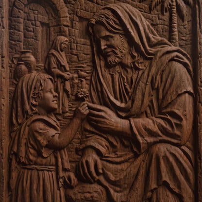 Jesus Blessing a Child Wooden Carved Handmade Christian Icon  Byzantine Greek Orthodox Home Decor Cretan Holy Carvings