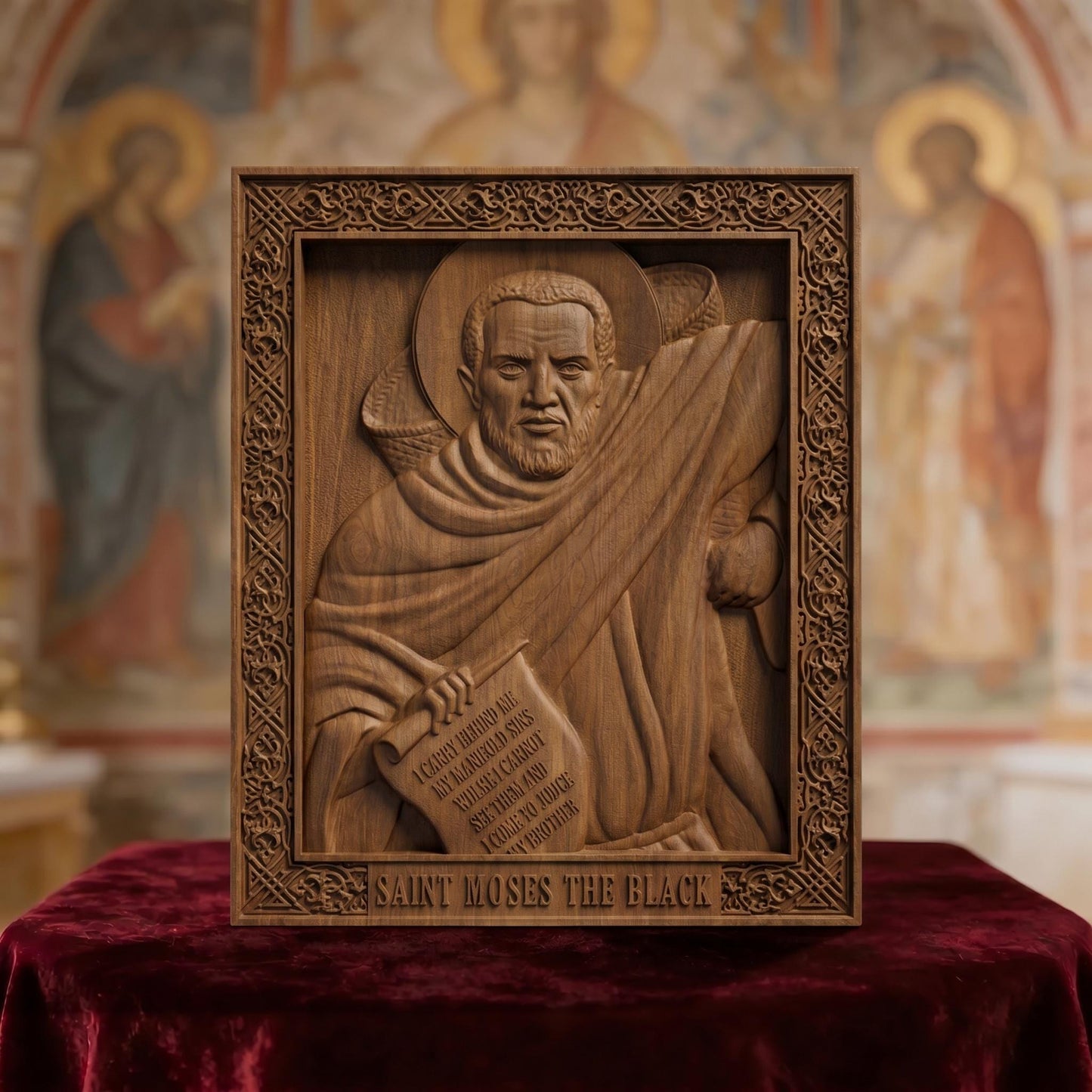 Saint Moses the Black Wooden Carved Handmade Christian Icon Patron Saint of Africa and non-violence Front Side Brown Oak Cretan Holy Carvings