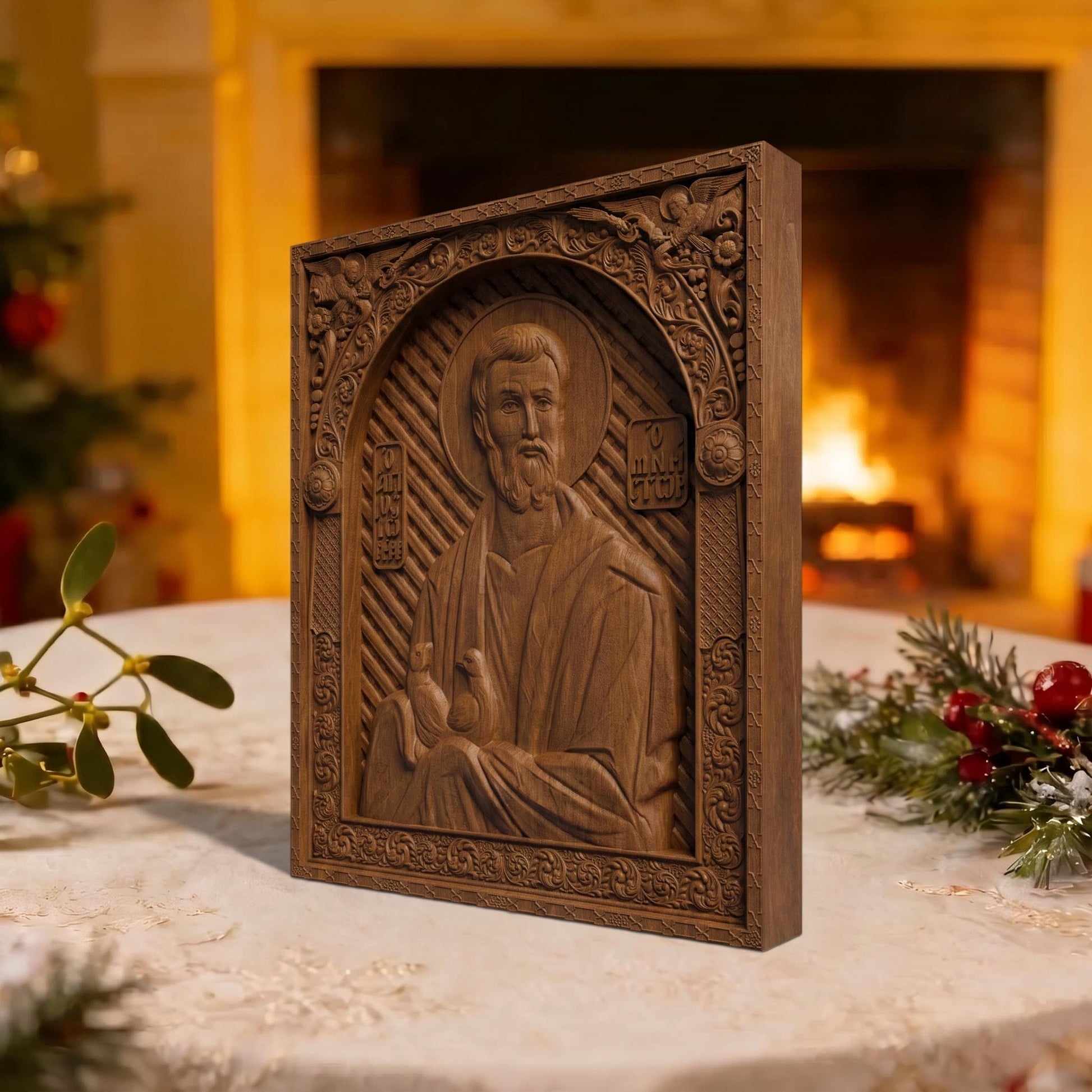 Saint Joseph the Betrothed Wooden Carved Handmade Christian Icon | Byzantine Greek Orthodox Home Art Decor