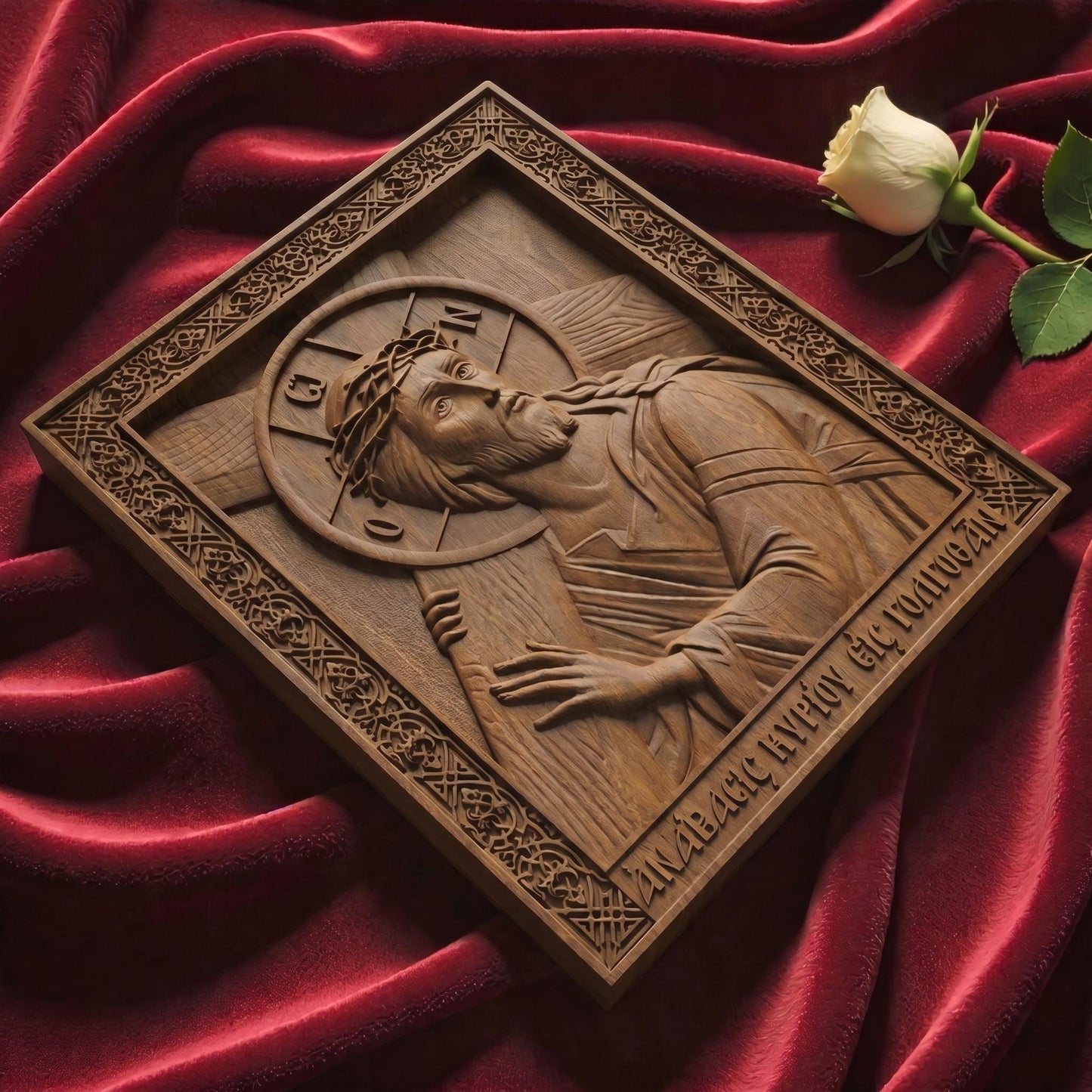 Jesus Christ Ascent to Golgotha Wooden Carved Handmade Christian Icon Flat Side Brown Oak Cretan Holy Carvings