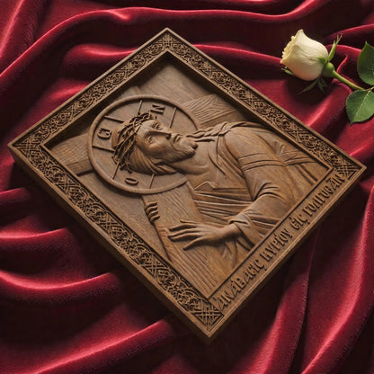Jesus Christ Ascent to Golgotha Wooden Carved Handmade Christian Icon Flat Side Brown Oak Cretan Holy Carvings