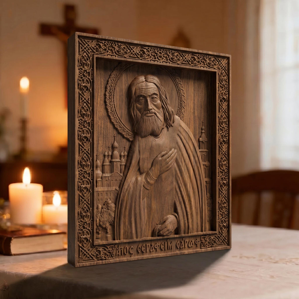 Saint Seraphim of Sarov Wooden Carved Handmade Christian Icon Left Side Brown Oak Cretan Holy Carvings