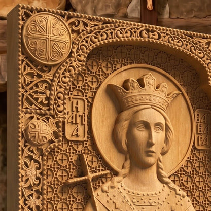 Saint Barbara Wooden Carved Handmade Christian Icon Patron Saint of Artillerymen Cretan Holy Carvings