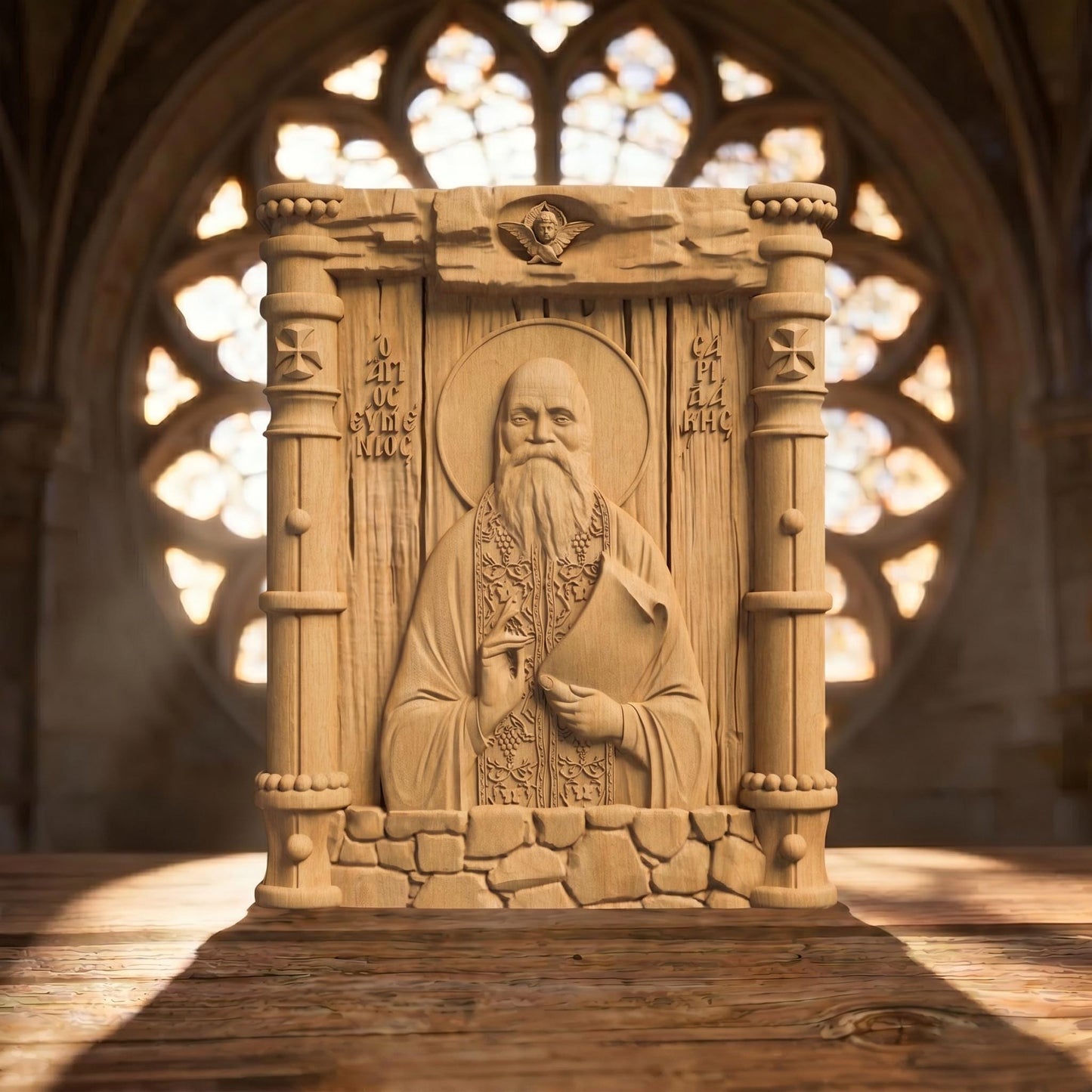 Αγιος Ευμενιος Σαριδακης Front Side Natural Wood Color Cretan Holy Carvings