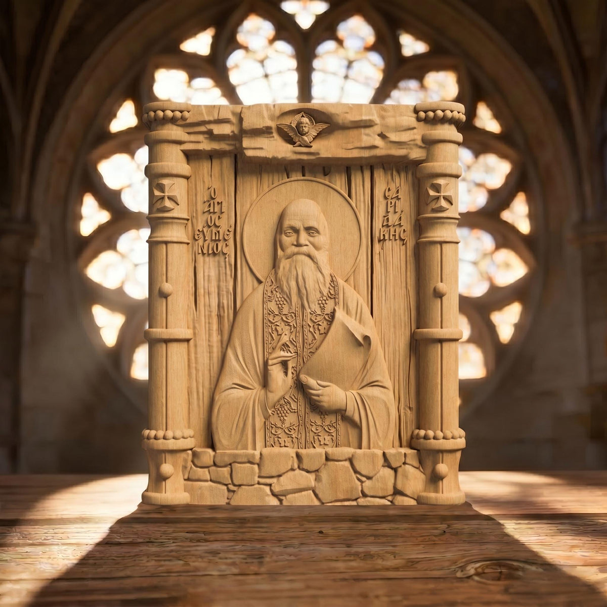 Αγιος Ευμενιος Σαριδακης Front Side Natural Wood Color Cretan Holy Carvings
