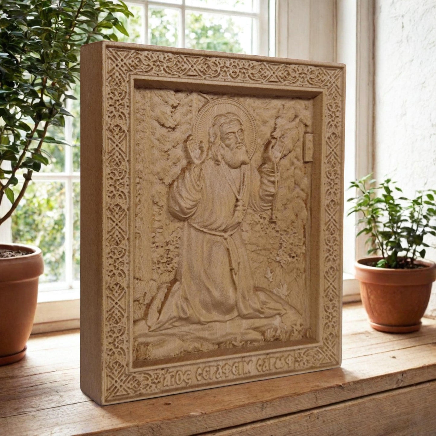 Saint Seraphim of Sarov Wooden Carved Handmade Christian Icon. Byzantine Greek Orthodox Home Decor.