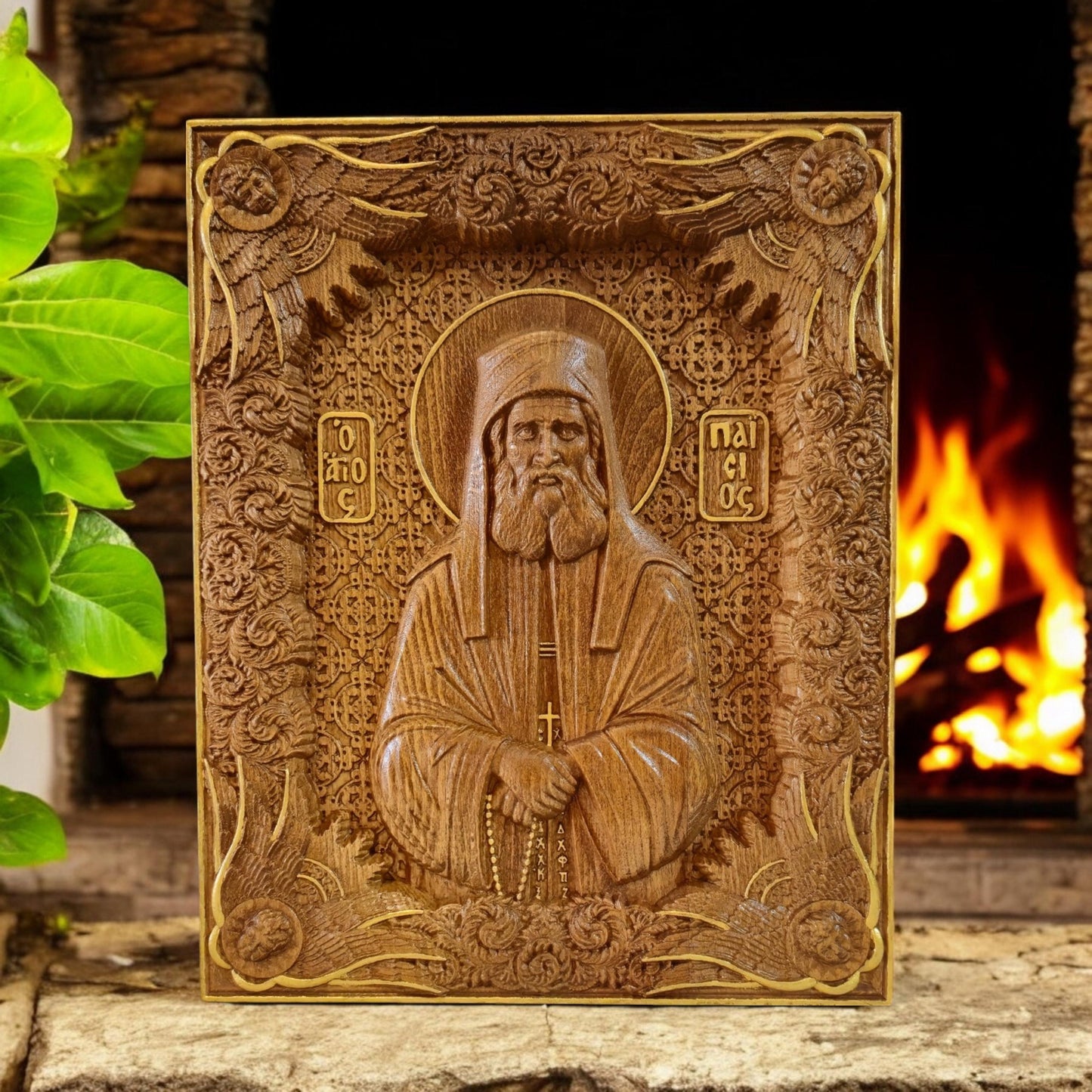 Saint Paisios of Mount Athos Wooden Carved Handmade Christian Icon. Byzantine Greek Home Decor.
