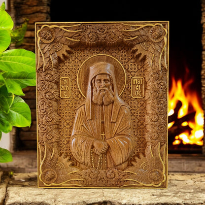 Saint Paisios of Mount Athos Wooden Carved Handmade Christian Icon. Byzantine Greek Home Decor.