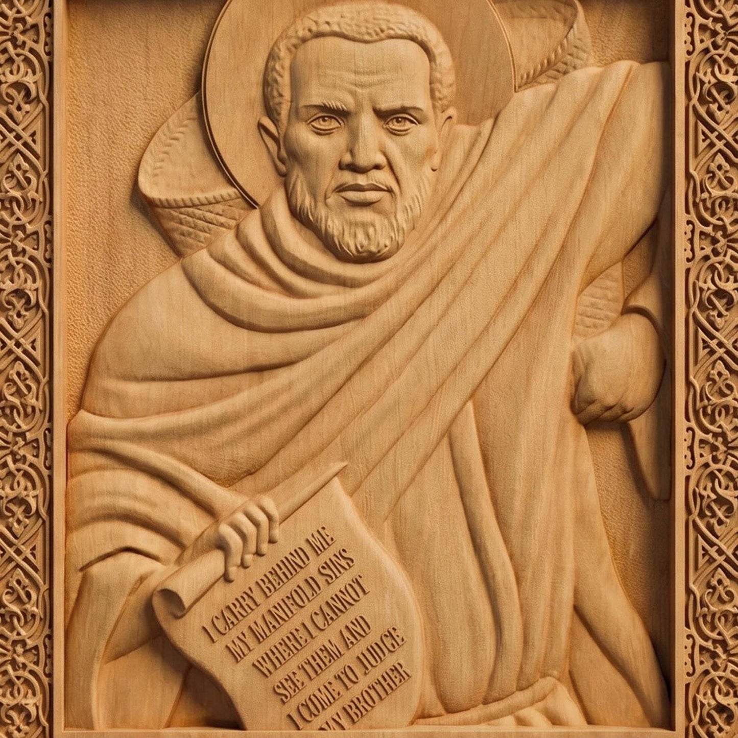 Saint Moses the Black Wooden Carved Handmade Christian Icon Patron Saint of Africa and non-violence Front Side Natural Wood Color Cretan Holy Carvings