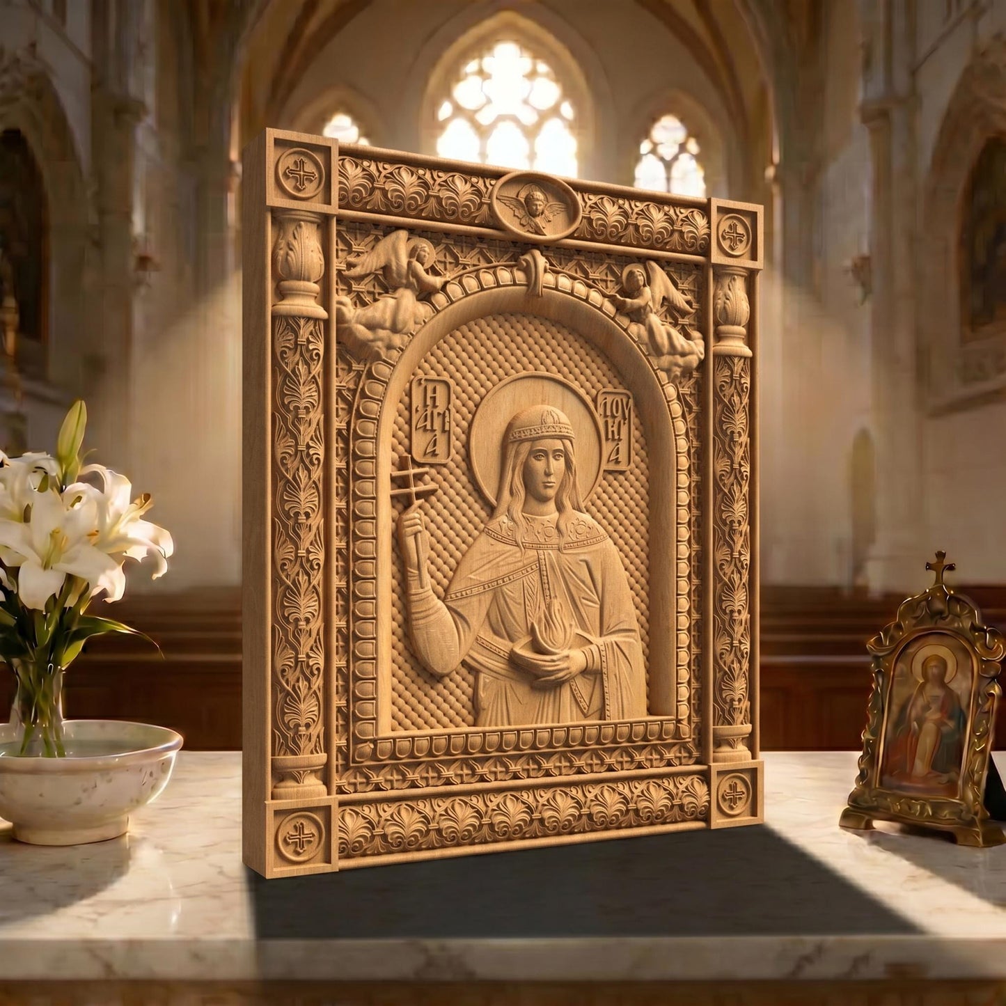 Saint Lucy Patron Saint of Blindness Wooden Carved Handmade Christian Icon | Byzantine Greek Orthodox Home Art Decor