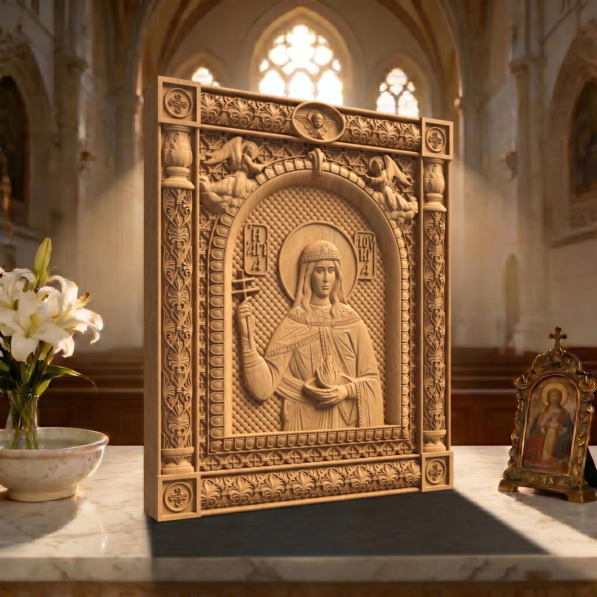 Saint Lucy Patron Saint of Blindness Wooden Carved Handmade Christian Icon | Byzantine Greek Orthodox Home Art Decor