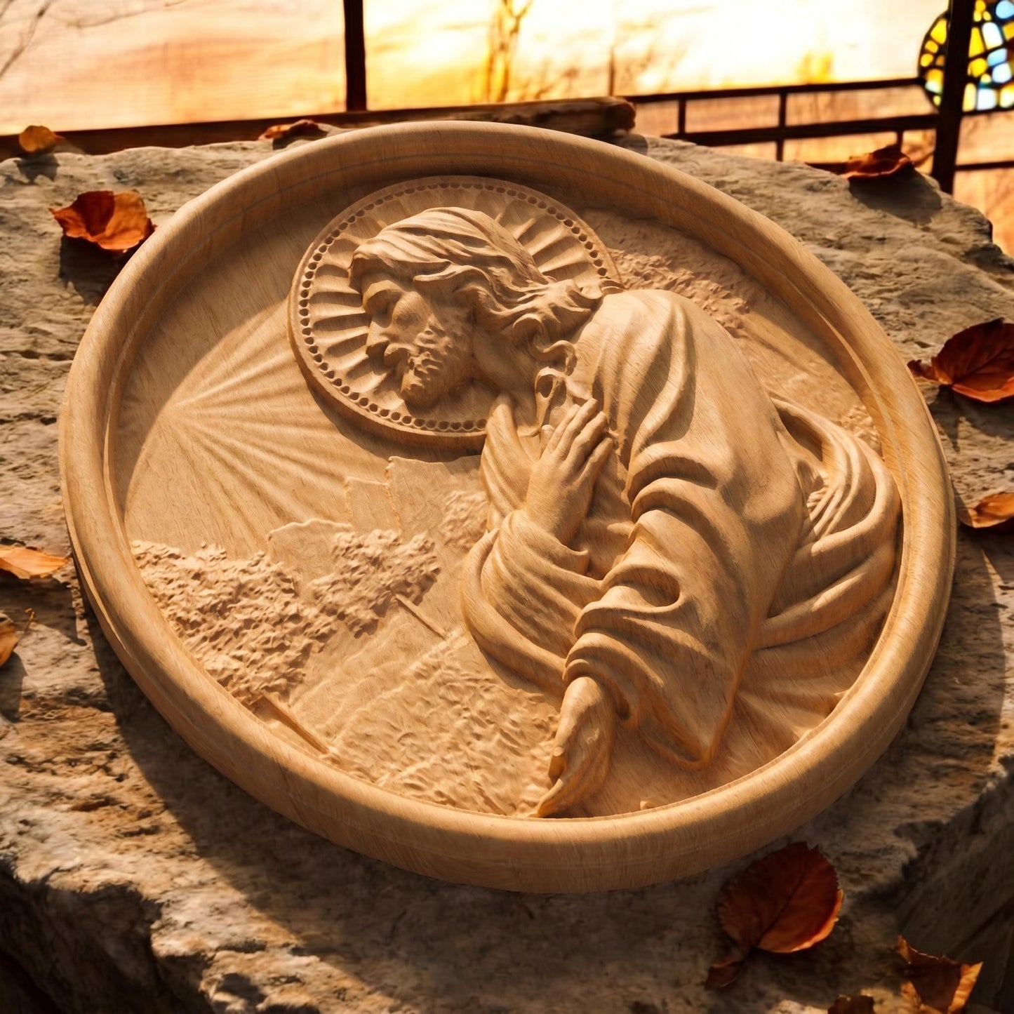 Jesus Christ Praying Plate Wooden Carved Handmade Christian Icon Flat Side Natural Wood Color Cretan Holy Carvings