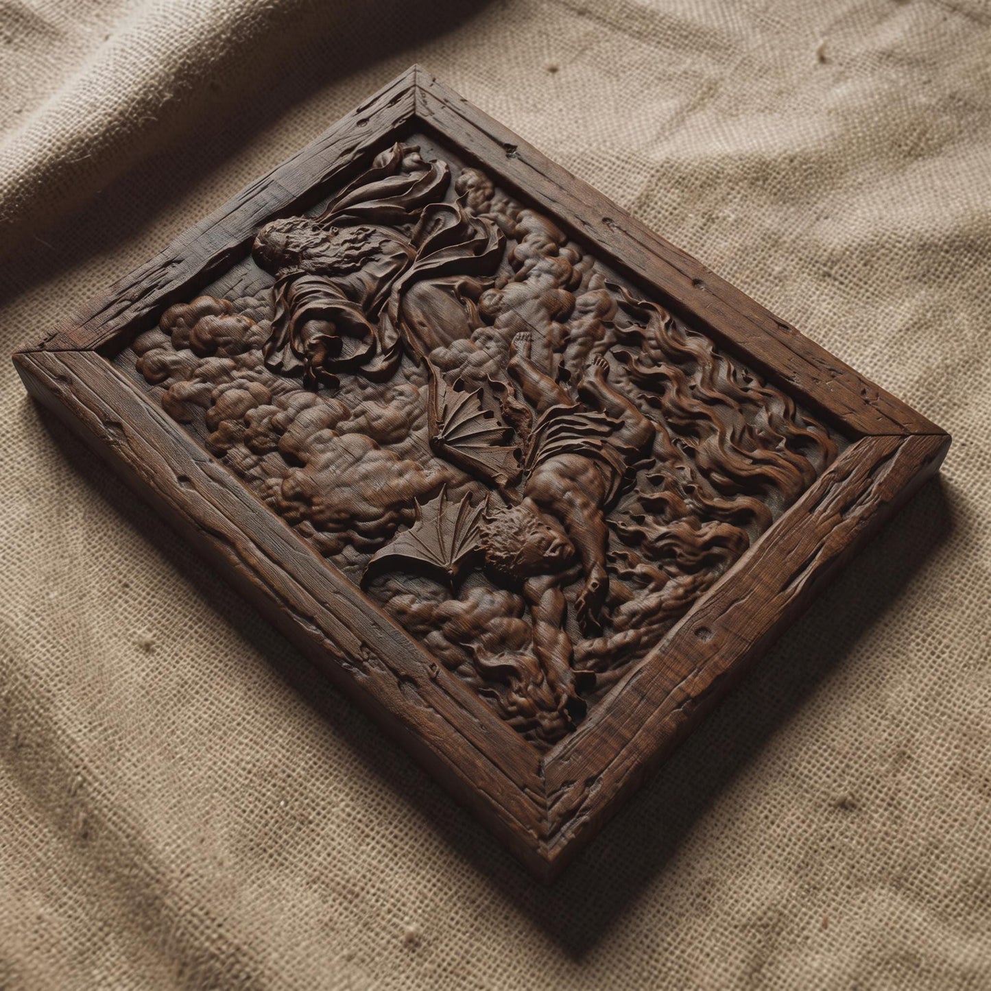God Banishes Lucifer Wooden Carved Handmade Christian Icon  Byzantine Greek Orthodox Home Decor Cretan Holy Carvings