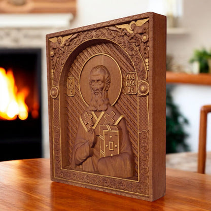 Saint Athanasius of Alexandria Wooden Carved Handmade Christian Icon. Byzantine Greek Orthodox Home Decor.