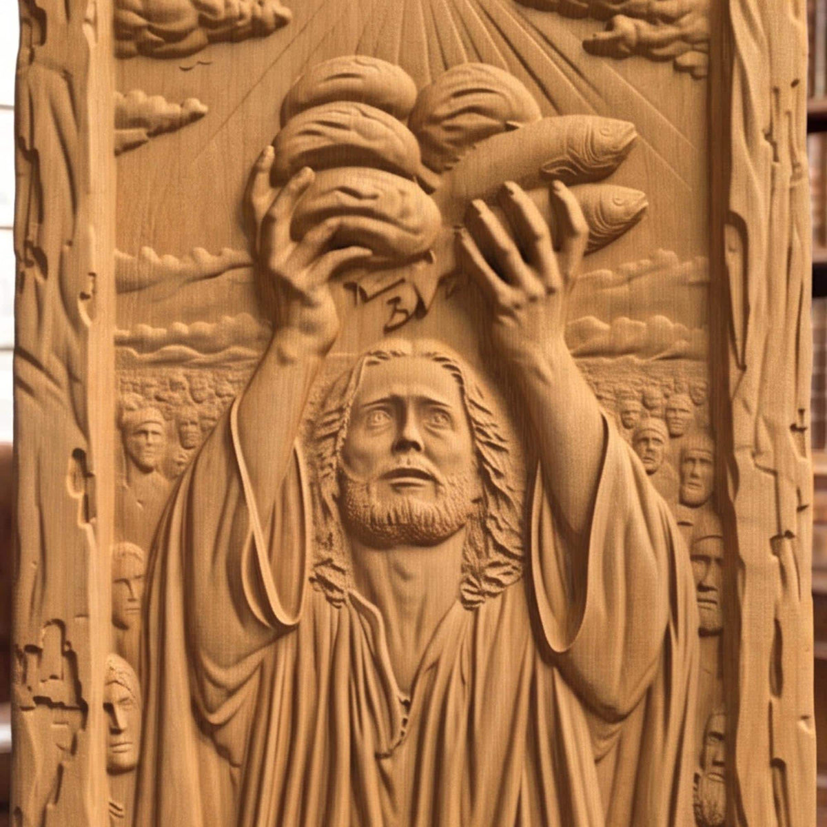 Jesus Christ Feeds the 5000 Wooden Carved Handmade Christian Icon  Byzantine Greek Orthodox Home Decor Cretan Holy Carvings