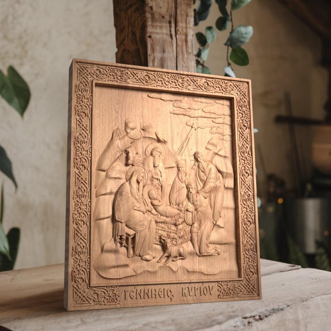 Nativity of Jesus in Cave Wooden Carved Handmade Christian Icon. Byzantine Greek Orthodox Decor.