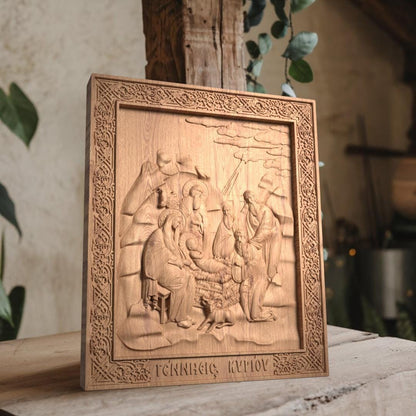 Nativity of Jesus in Cave Wooden Carved Handmade Christian Icon. Byzantine Greek Orthodox Decor.