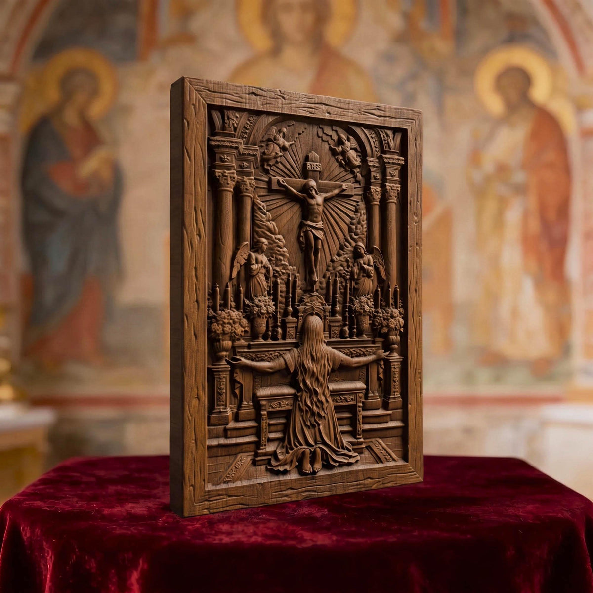 Praying in Church to Jesus Christ Wooden Carved Handmade Christian Icon  Byzantine Greek Orthodox Home Decor Cretan Holy Carvings