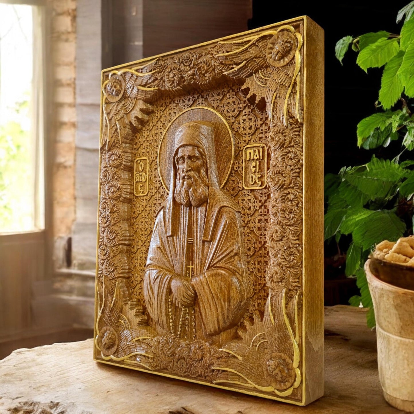 Saint Paisios of Mount Athos Wooden Carved Handmade Christian Icon. Byzantine Greek Home Decor.