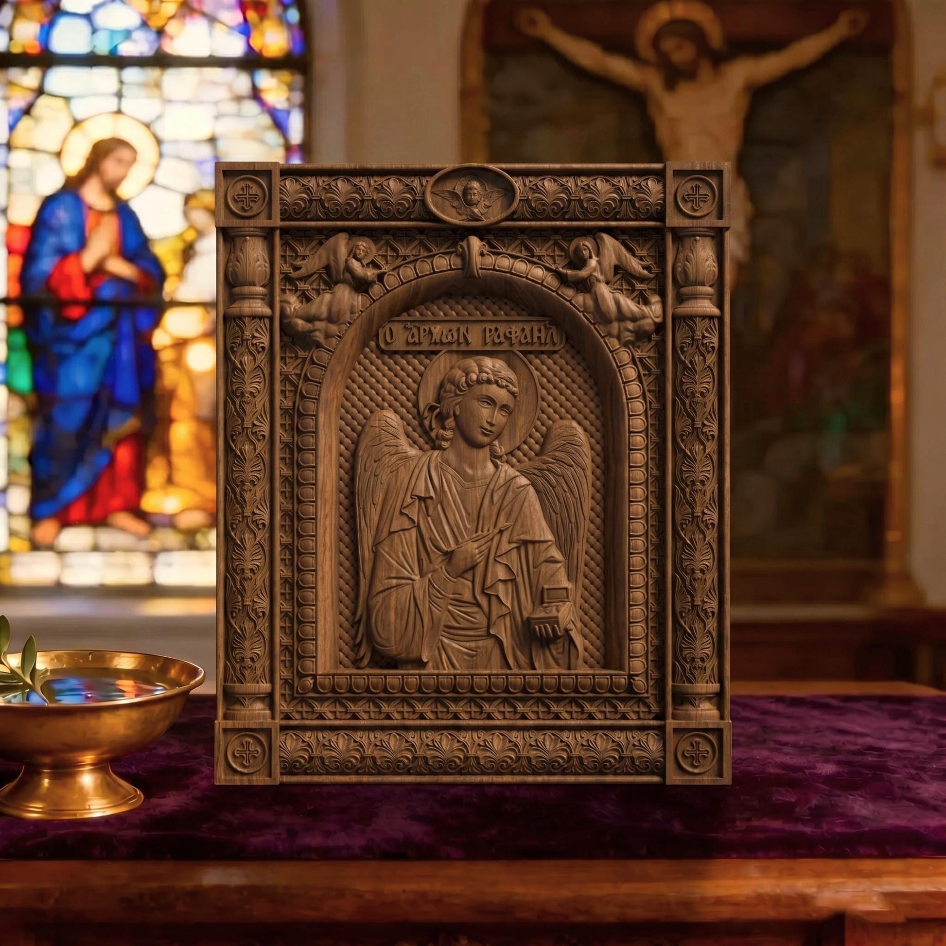 Archangel Raphael Wooden Carved Handmade Christian Icon | Byzantine Greek Orthodox Home Art Decor